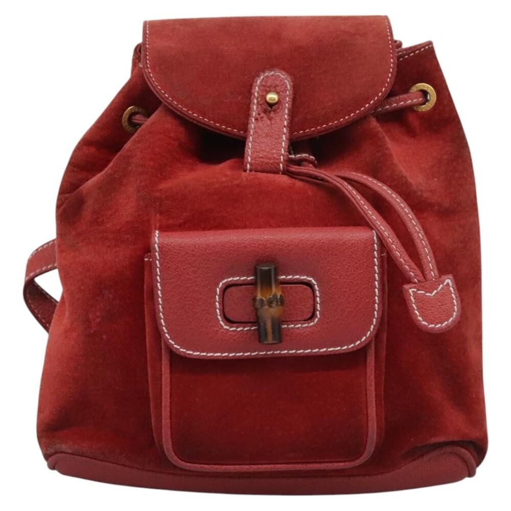 Gucci Bamboo Suede Leather Backpack Red